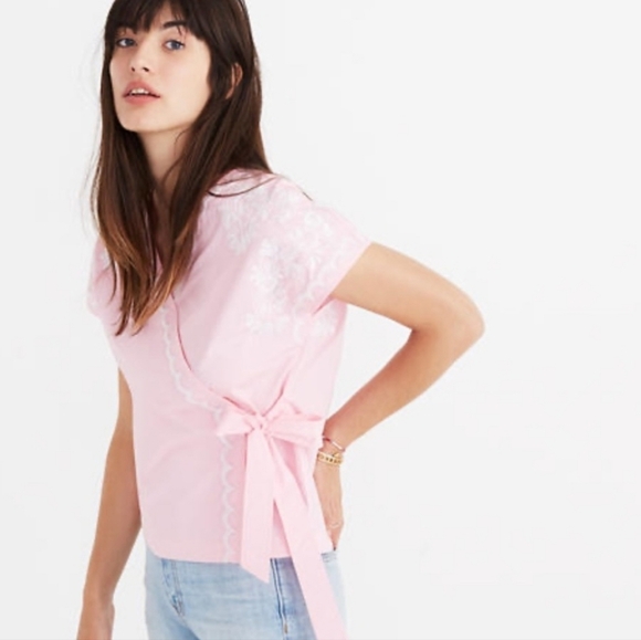 Madewell Pink Embroidered Side Tied Wrap Top Blouse Cotton Size S ? - Picture 2 of 12